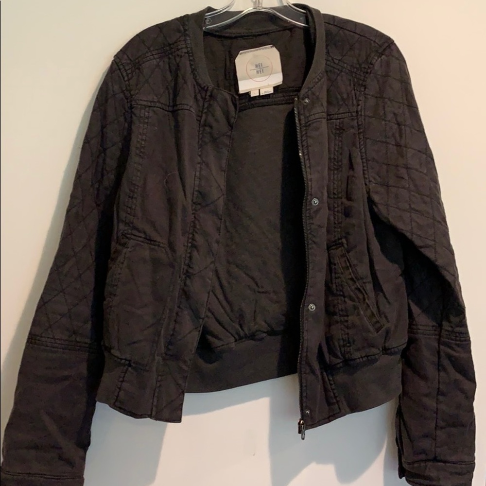 Black linen blend bomber style quilted jacket